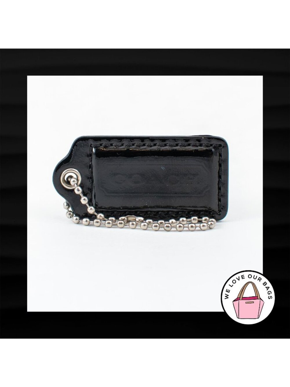 2" Medium COACH BLACK PATENT LEATHER KEY FOB BAG CHARM KEYCHAIN HANGTAG TAG